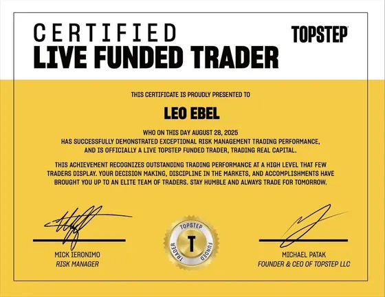Certificat Live Funded Trader Topstep d'un élève Mxclusive