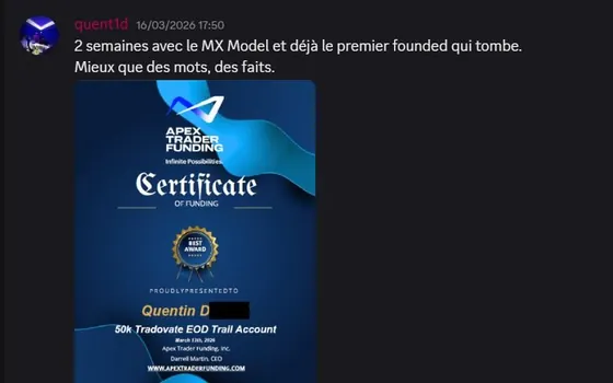 Quentin partage son certificat de funding Apex sur le Discord Mxclusive